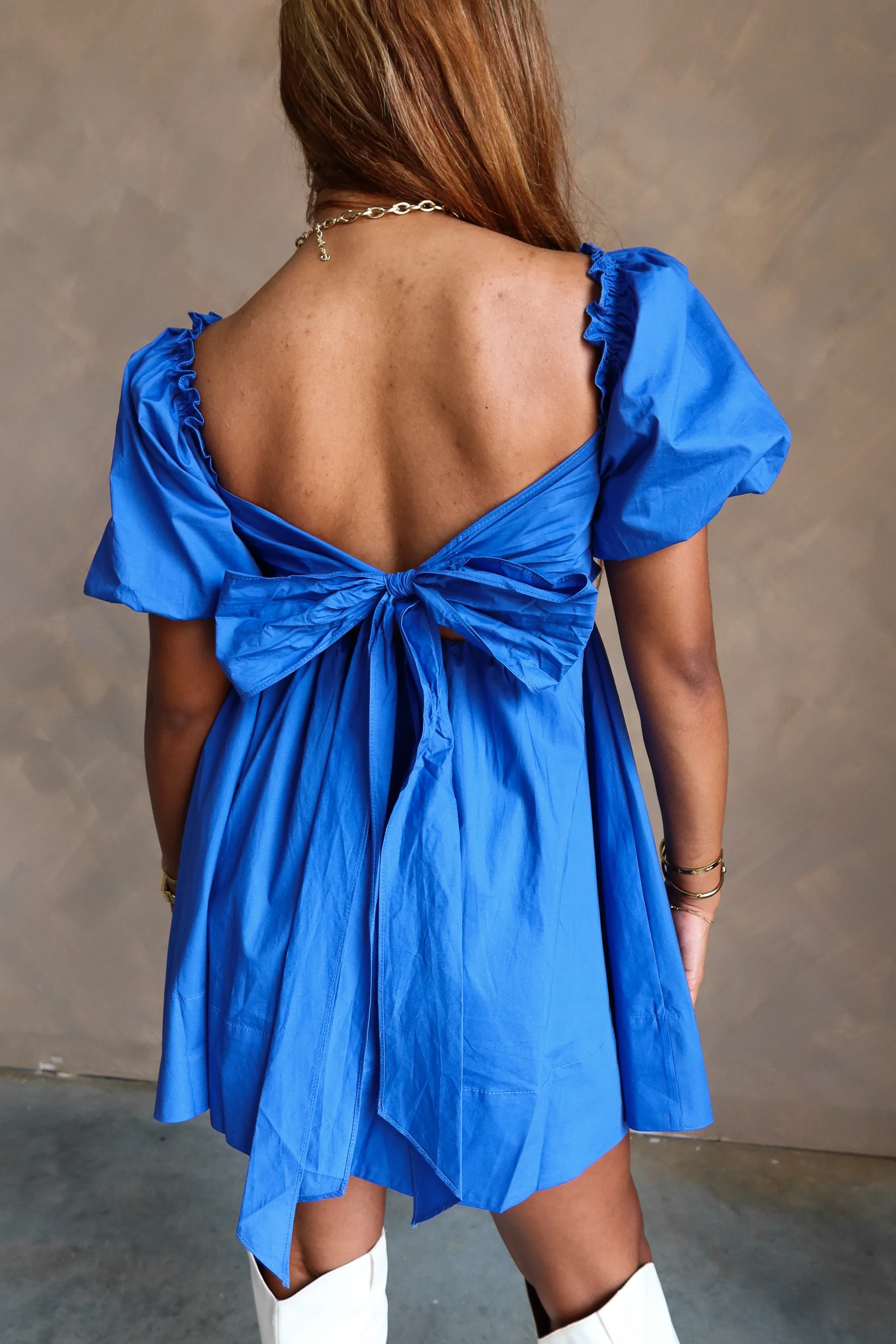 Rhea Royal Blue Short Puff Sleeve Mini Dress - Image 4