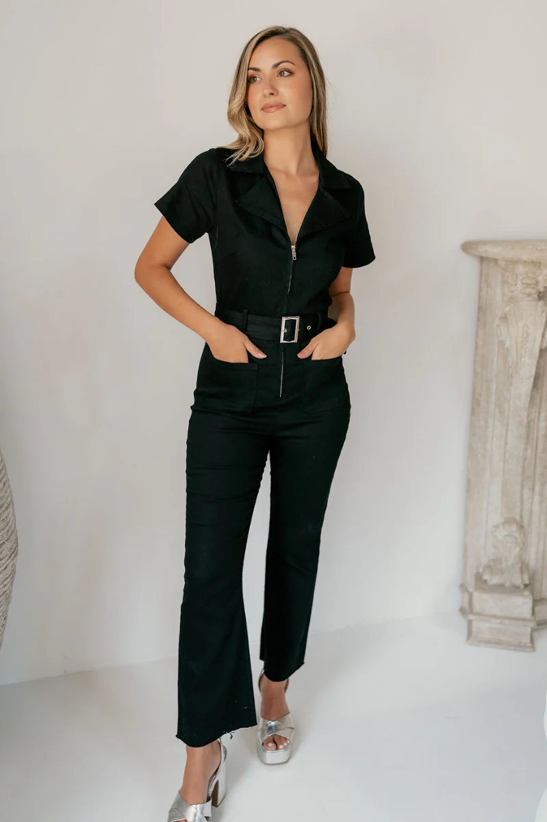 Rielle Black Belted Short Sleeve Jumpsuit
