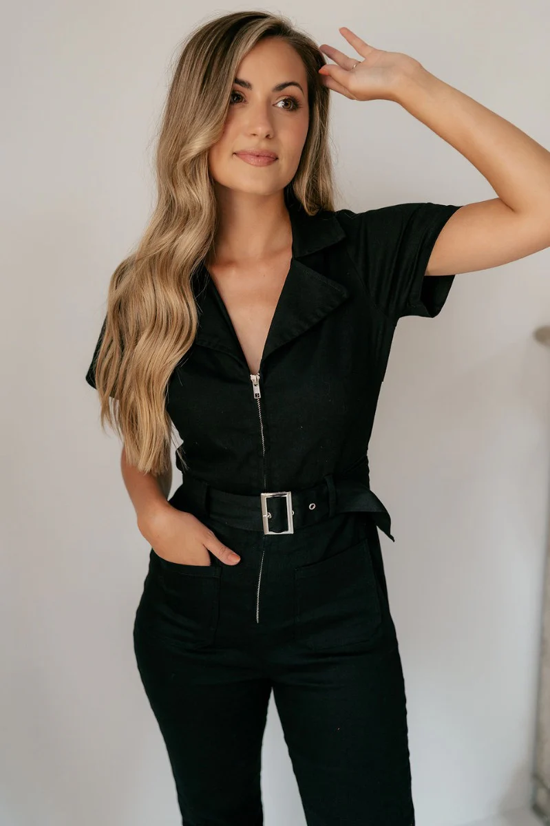 Rielle Black Belted Short Sleeve Jumpsuit - Image 2