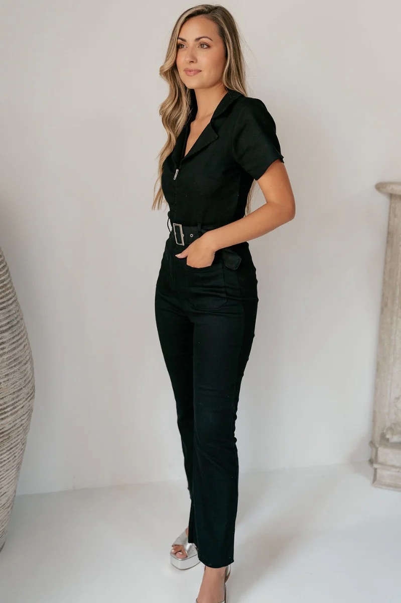Rielle Black Belted Short Sleeve Jumpsuit - Image 5