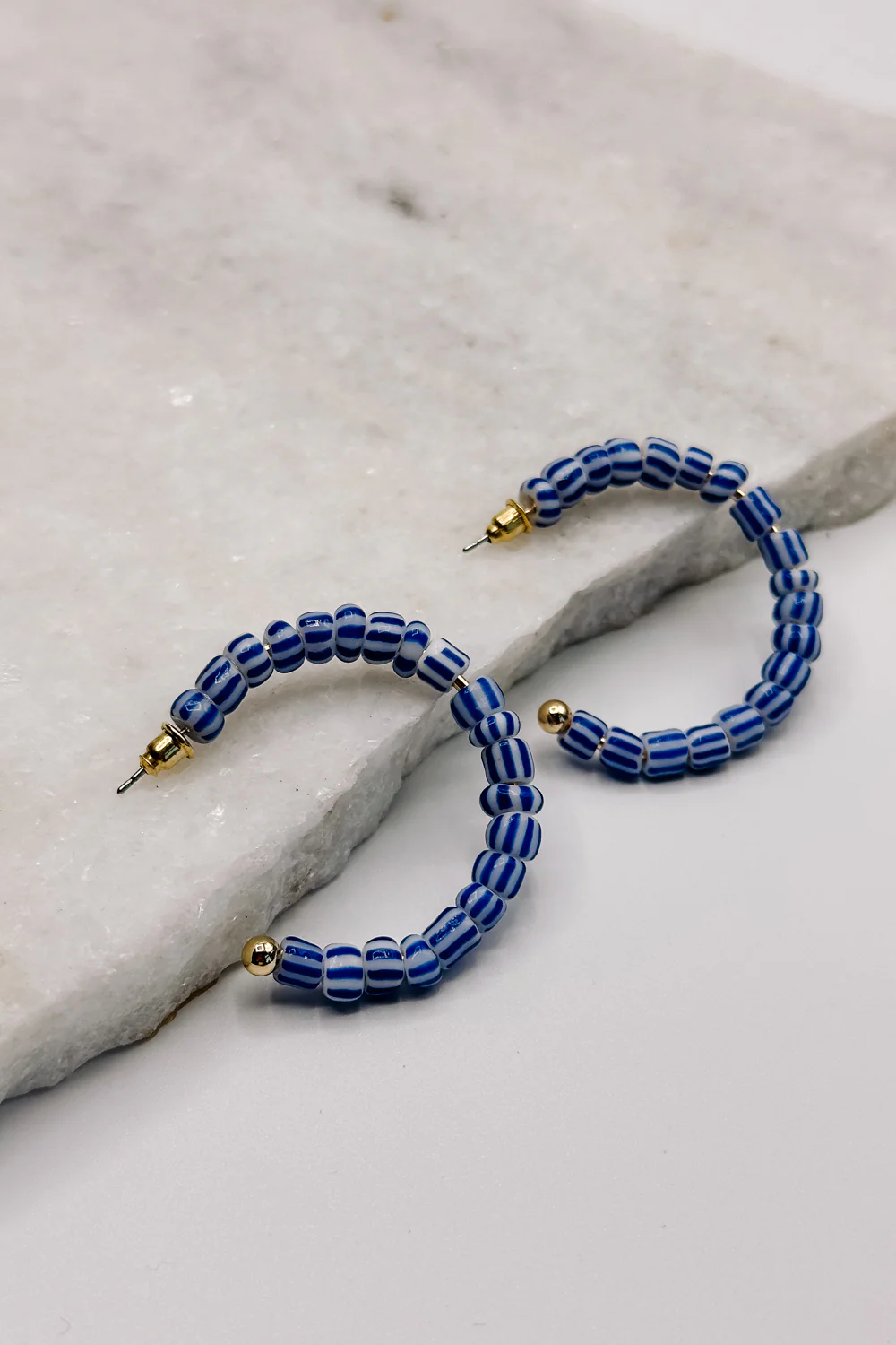 Riley Blue & White Stripe Open Hoop Earring