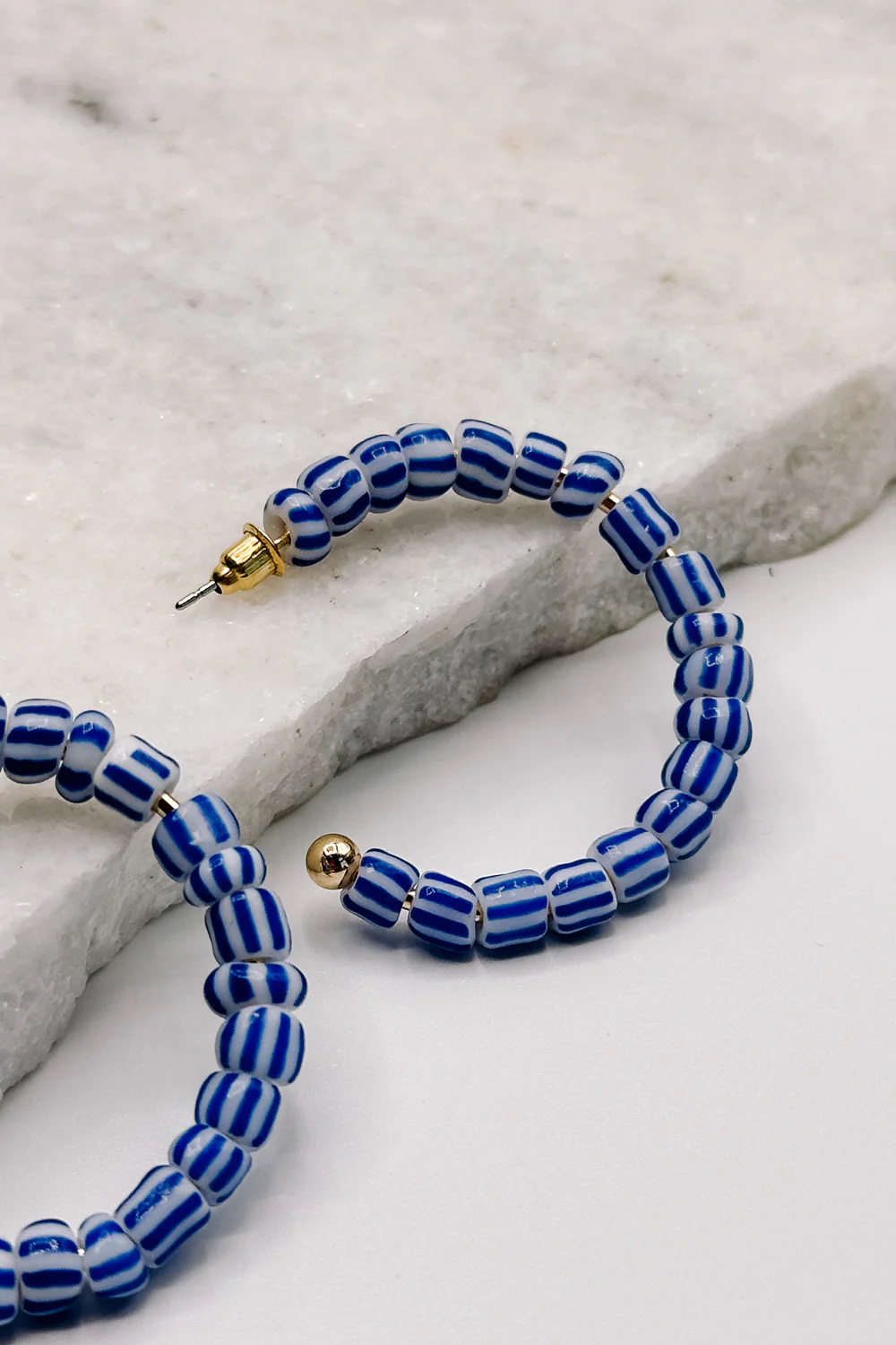 Riley Blue & White Stripe Open Hoop Earring - Image 4