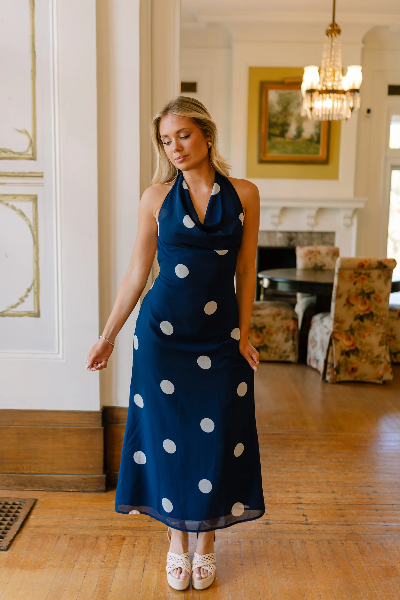 Roma Blue And White Polka Dot Halter Maxi Dress - Image 3