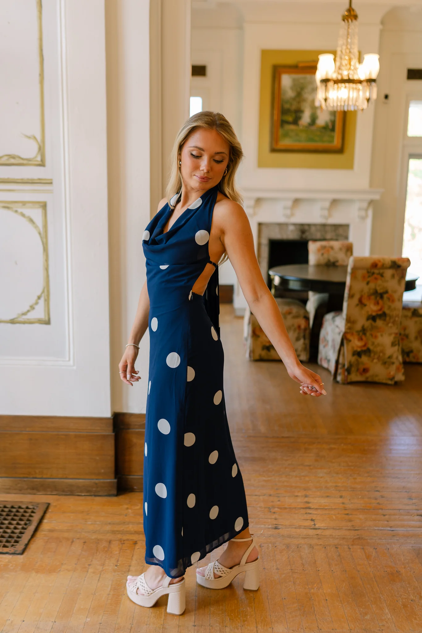 Roma Blue And White Polka Dot Halter Maxi Dress - Image 4