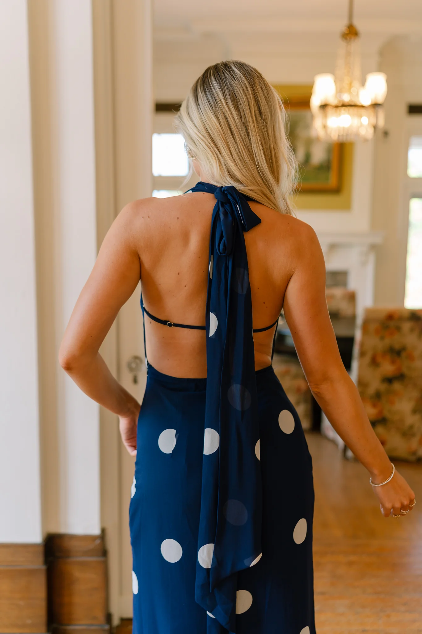 Roma Blue And White Polka Dot Halter Maxi Dress - Image 5