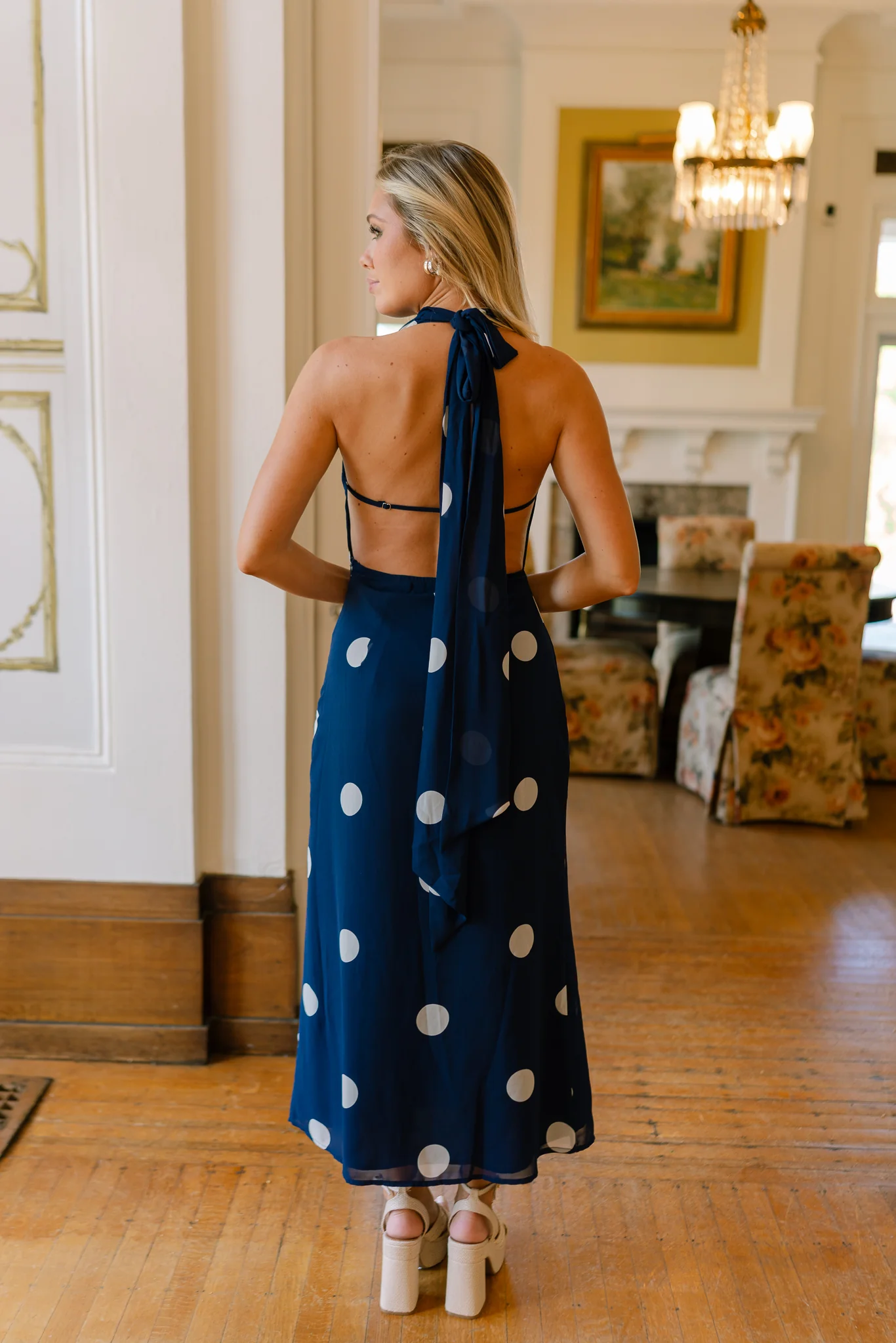Roma Blue And White Polka Dot Halter Maxi Dress - Image 6