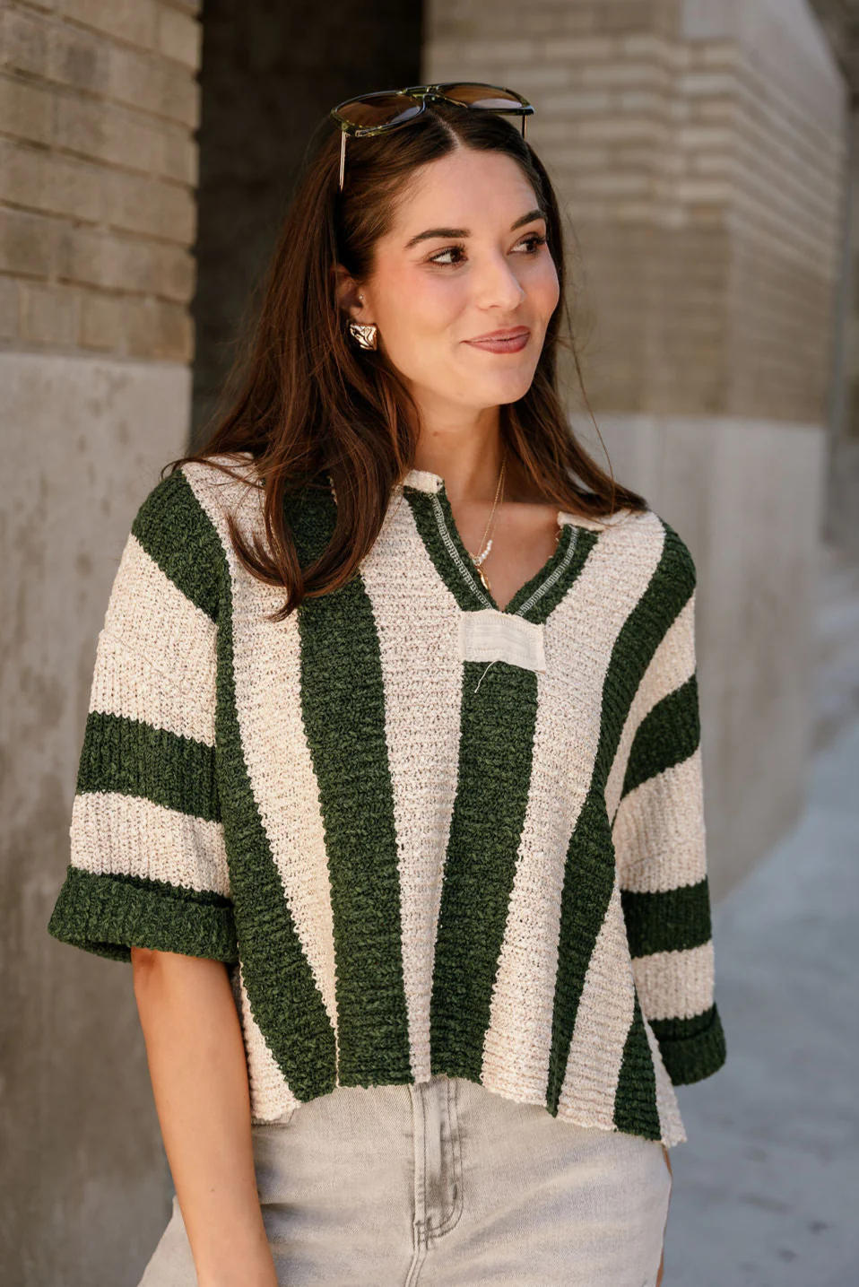 Rosa Green & Cream Stripe Knit Sweater