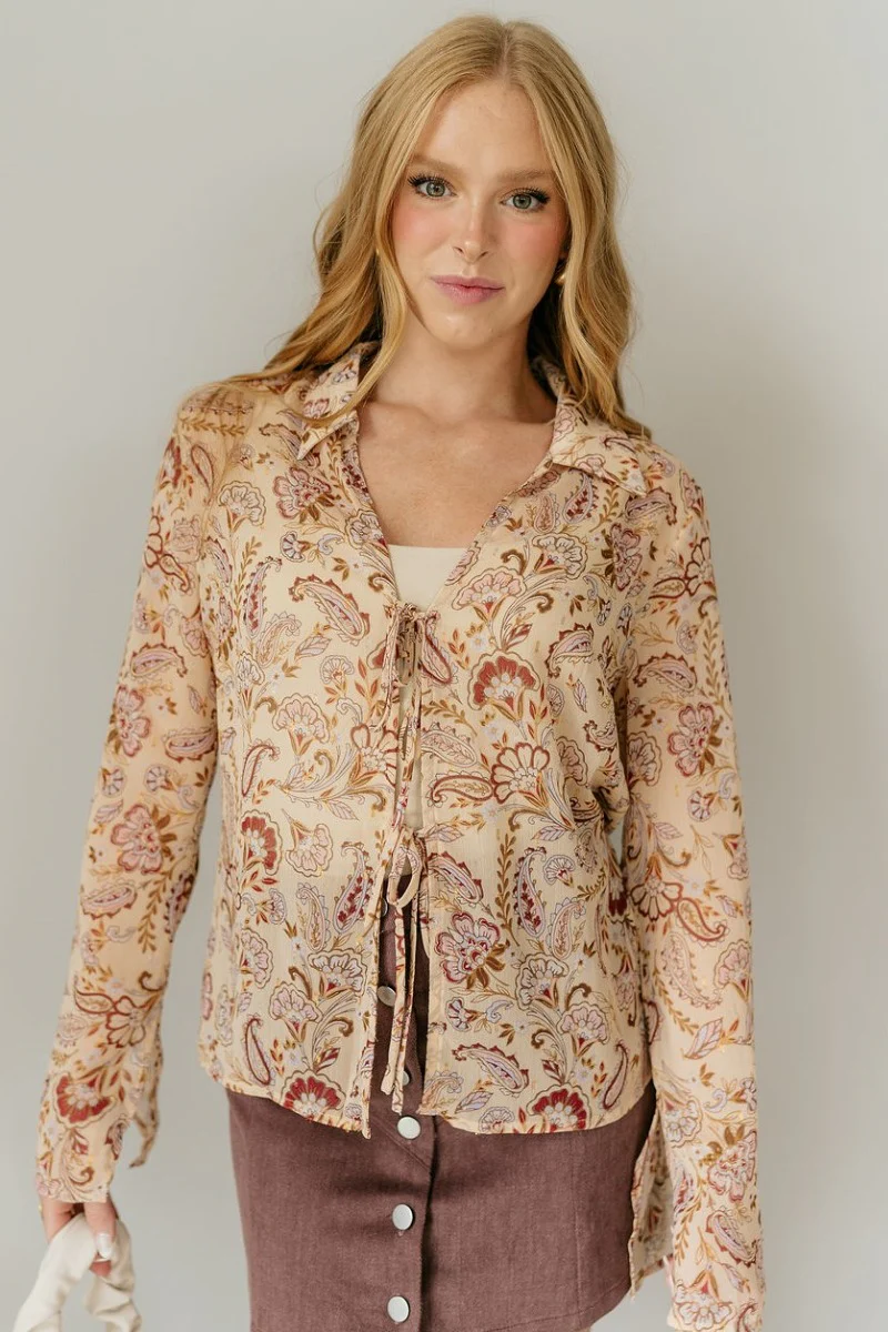 Rosalee Printed Tie-Front Long Sleeve Top - Image 3