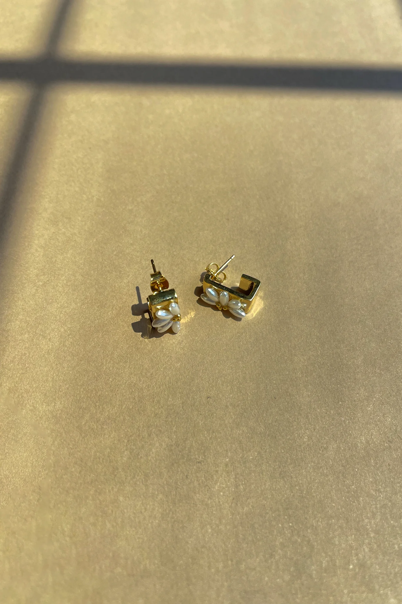 Rosie Gold & Pearl Flower Square Huggie Earring