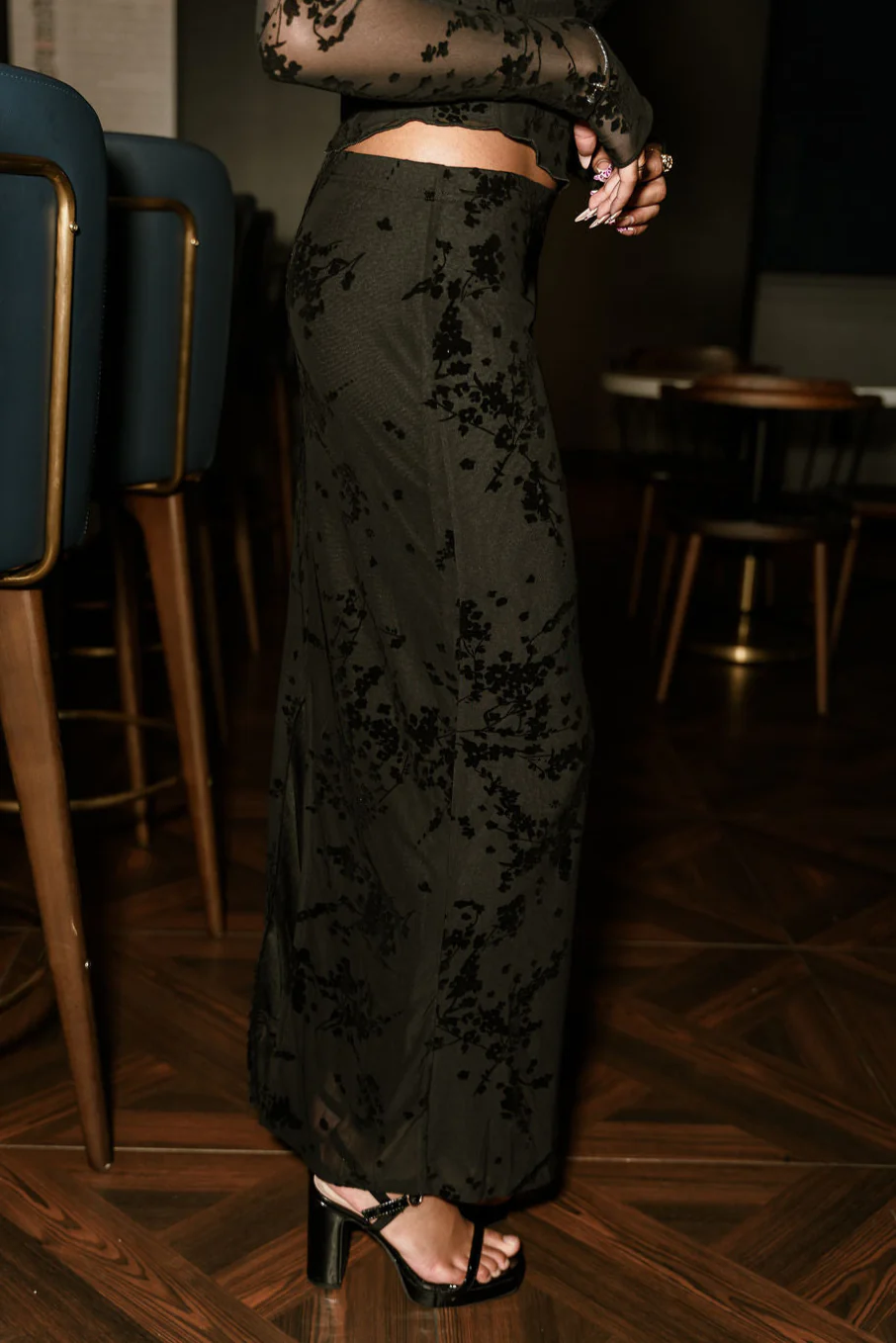 Roxanna Black Floral Mesh Midi Skirt - Image 4