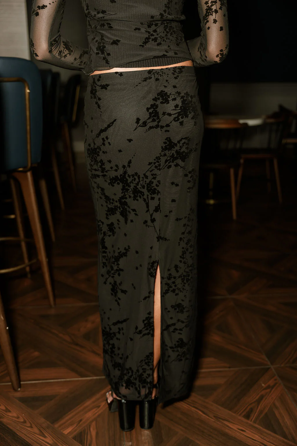 Roxanna Black Floral Mesh Midi Skirt - Image 7
