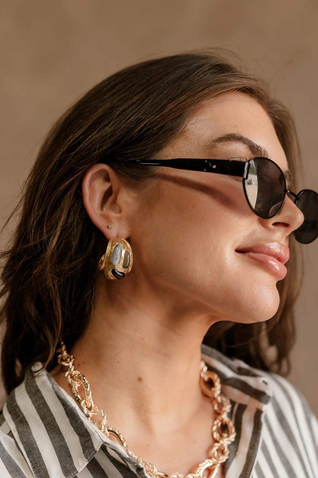Roxy Brushed Gold & Stone Hoop Earrings - Image 2