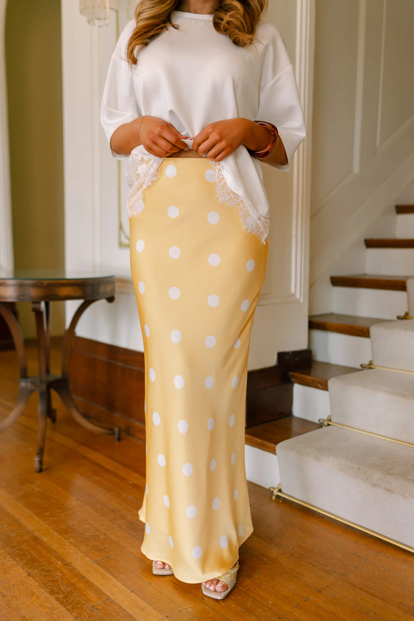 Rumi Yellow Polka Dot Satin Midi Skirt - Image 2