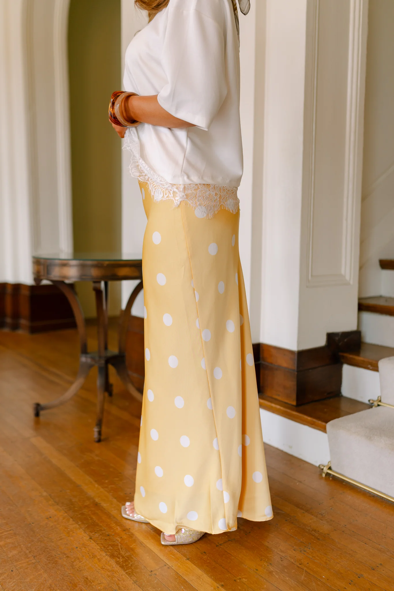 Rumi Yellow Polka Dot Satin Midi Skirt - Image 3