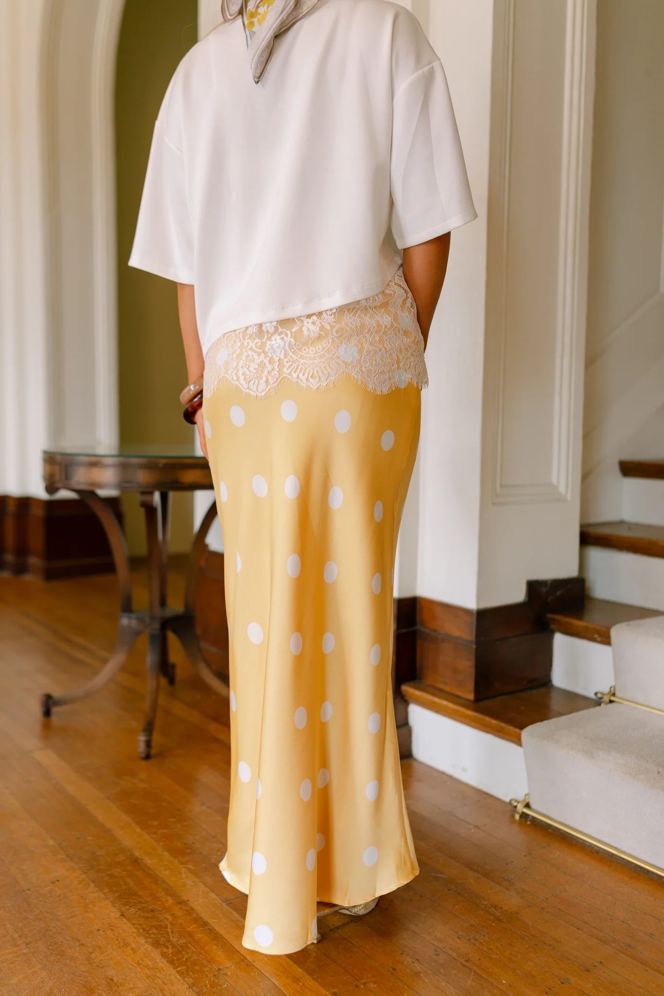 Rumi Yellow Polka Dot Satin Midi Skirt - Image 4