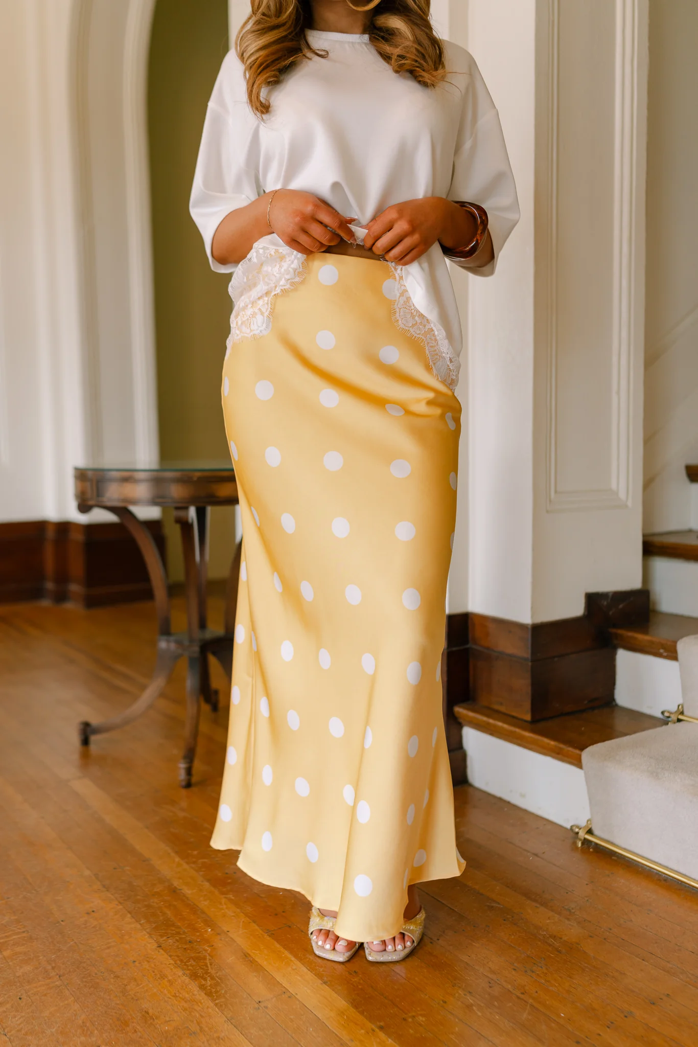 Rumi Yellow Polka Dot Satin Midi Skirt - Image 5
