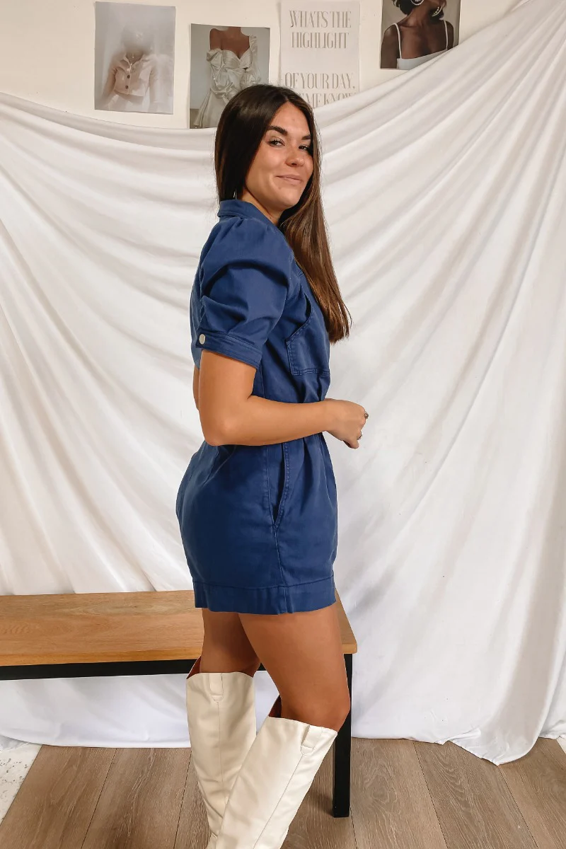 Running The Show Denim Romper In Navy - Image 3