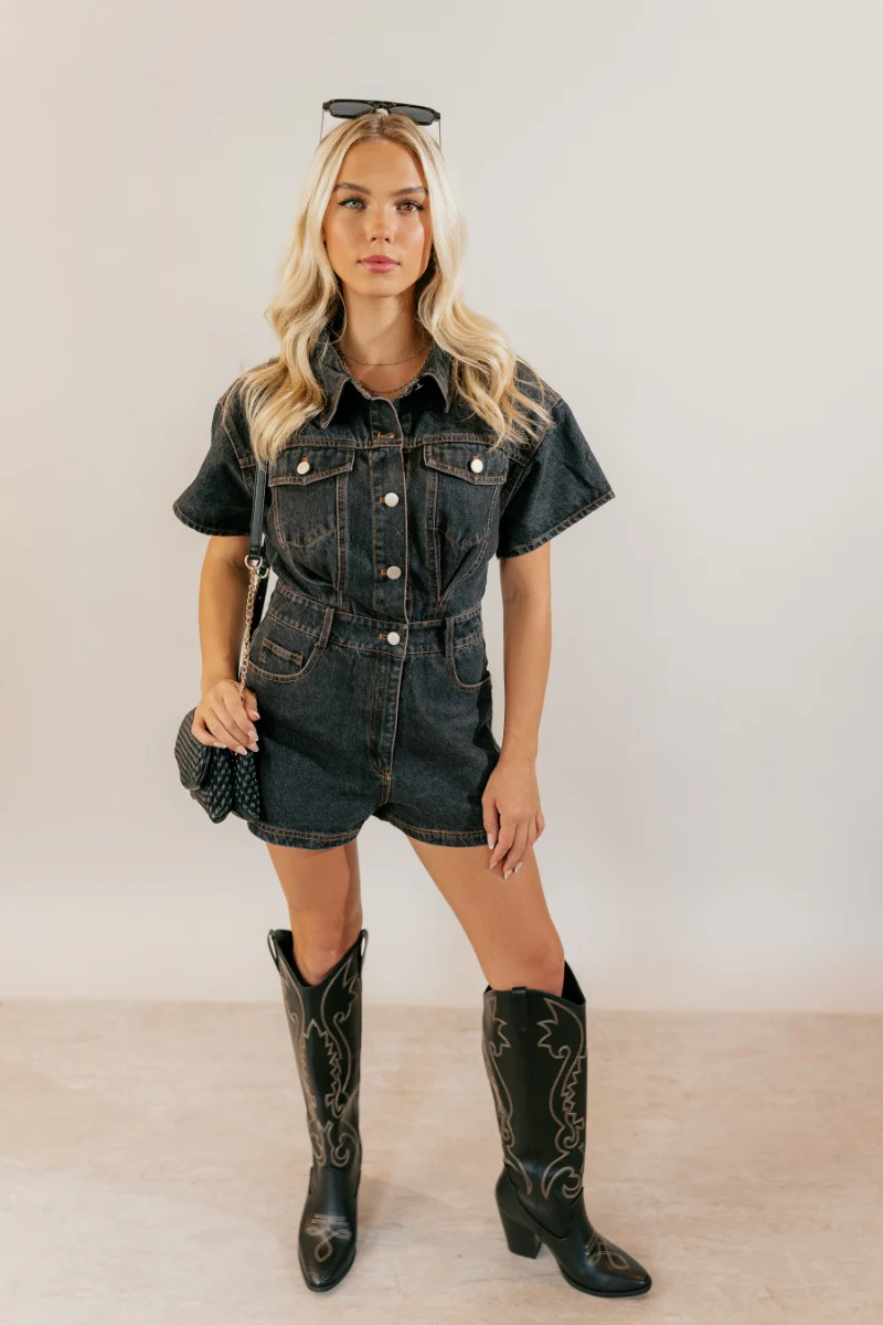 Ruth Black Denim Short Sleeve Romper