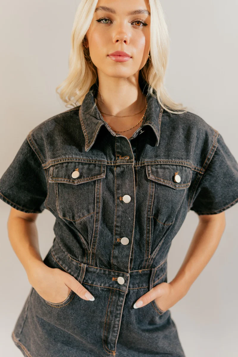 Ruth Black Denim Short Sleeve Romper - Image 4