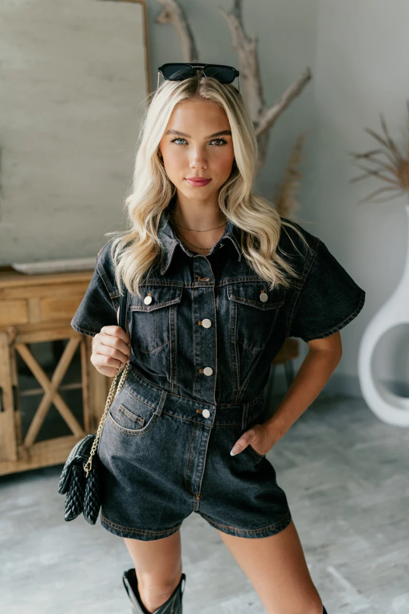 Ruth Black Denim Short Sleeve Romper - Image 7