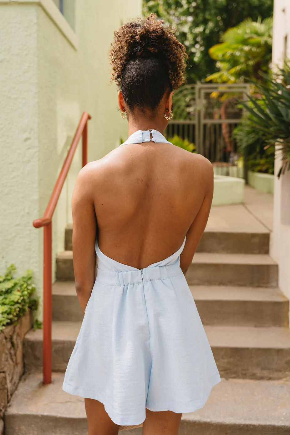 Rylee Light Blue & White Halter Neckline Romper - Image 4