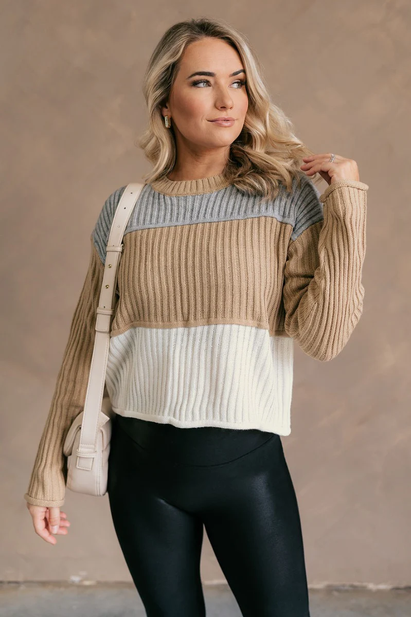 Rylee Taupe Multi Striped Long Sleeve Sweater