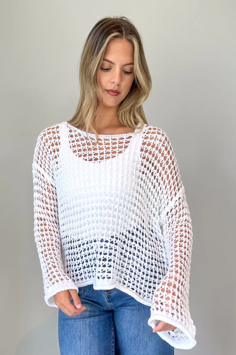 Sahara Ivory Crochet Knit Long Sleeve Sweater - Image 3