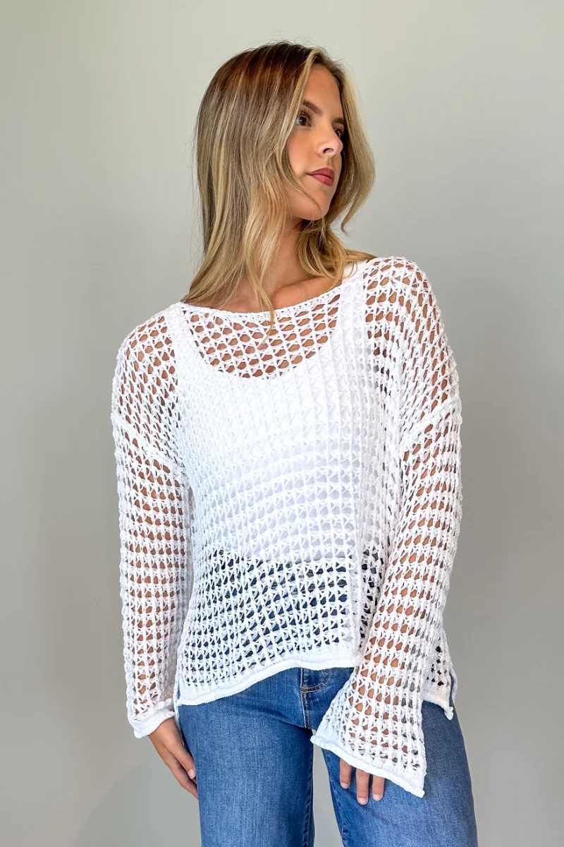 Sahara Ivory Crochet Knit Long Sleeve Sweater - Image 4