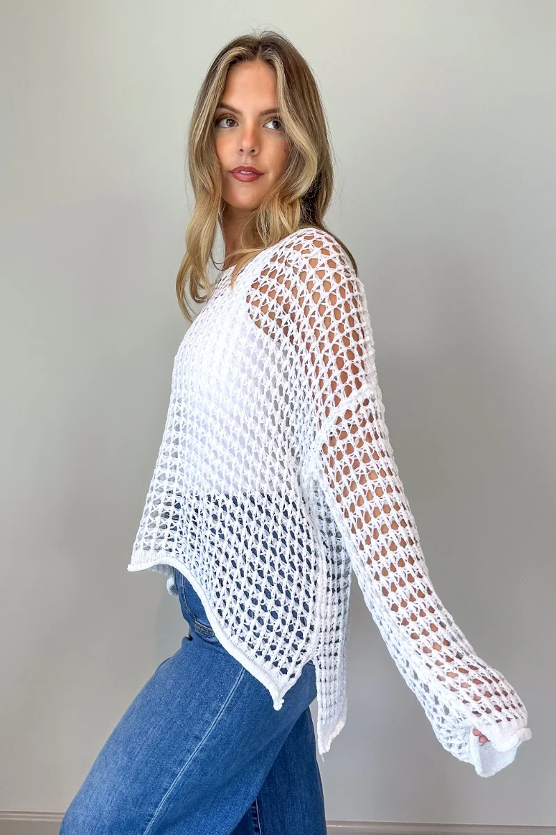 Sahara Ivory Crochet Knit Long Sleeve Sweater - Image 5
