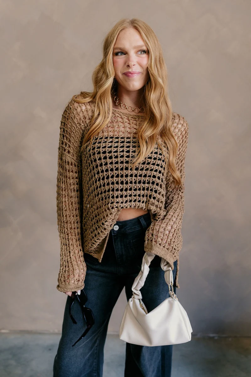 Sahara Taupe Crochet Knit Long Sleeve Sweater