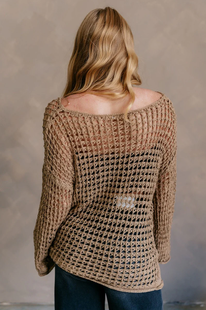 Sahara Taupe Crochet Knit Long Sleeve Sweater - Image 6