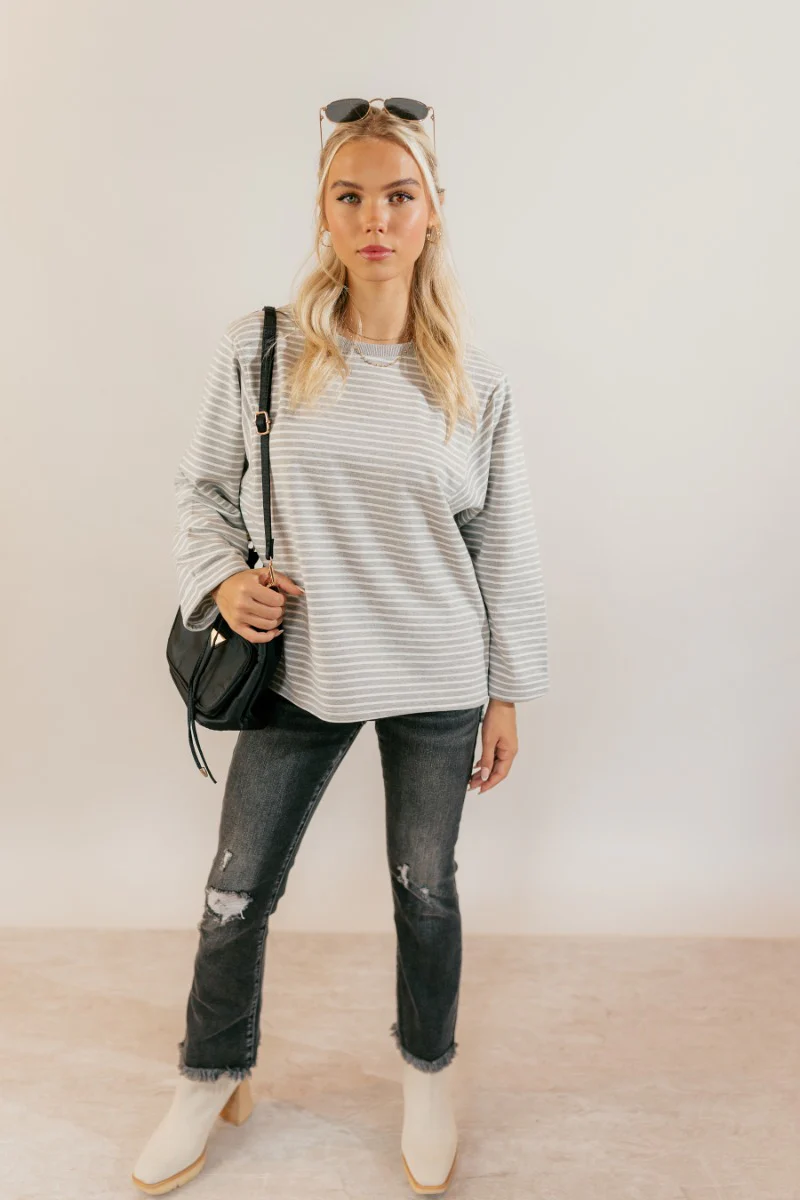 Samantha Grey & White Striped Long Sleeve Top