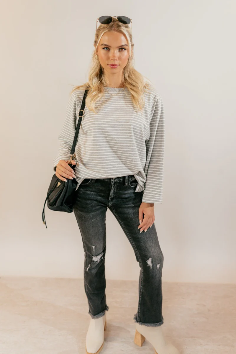 Samantha Grey & White Striped Long Sleeve Top - Image 3
