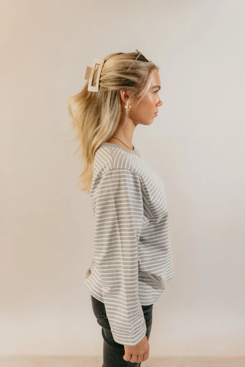 Samantha Grey & White Striped Long Sleeve Top - Image 4
