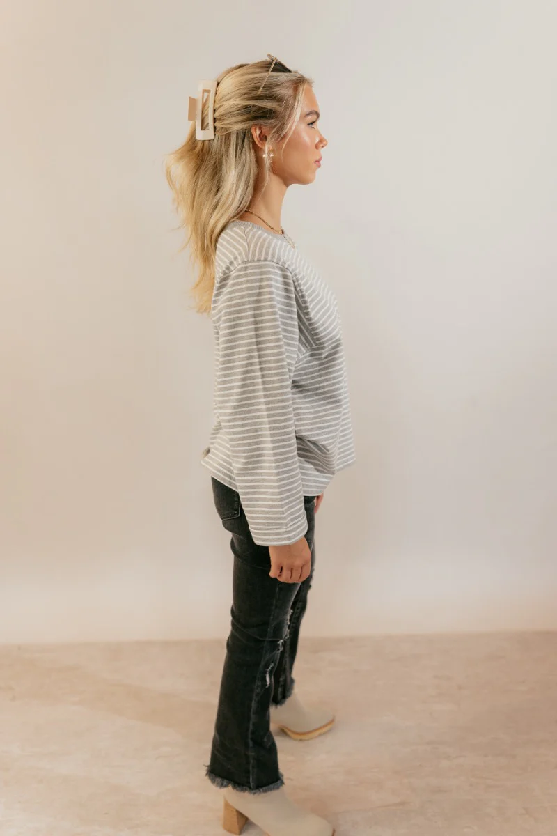 Samantha Grey & White Striped Long Sleeve Top - Image 5