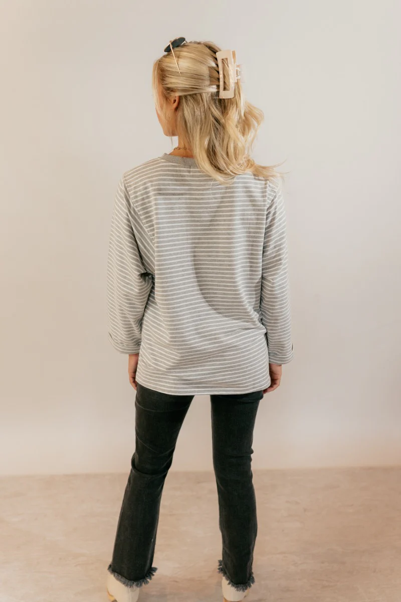 Samantha Grey & White Striped Long Sleeve Top - Image 6