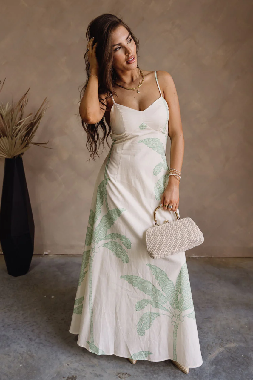 Samara Cream & Light Green Palm Leaf Maxi Dress