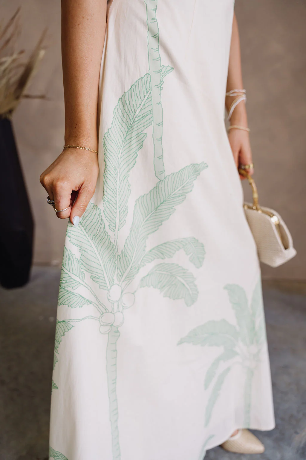 Samara Cream & Light Green Palm Leaf Maxi Dress - Image 10