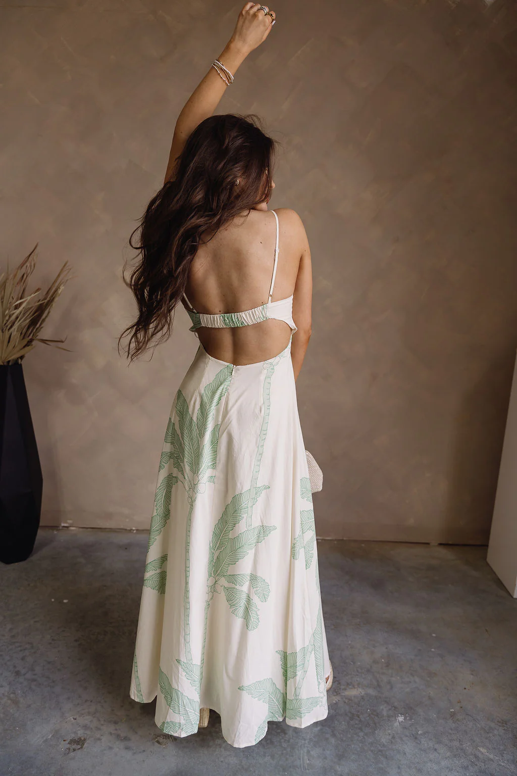 Samara Cream & Light Green Palm Leaf Maxi Dress - Image 13