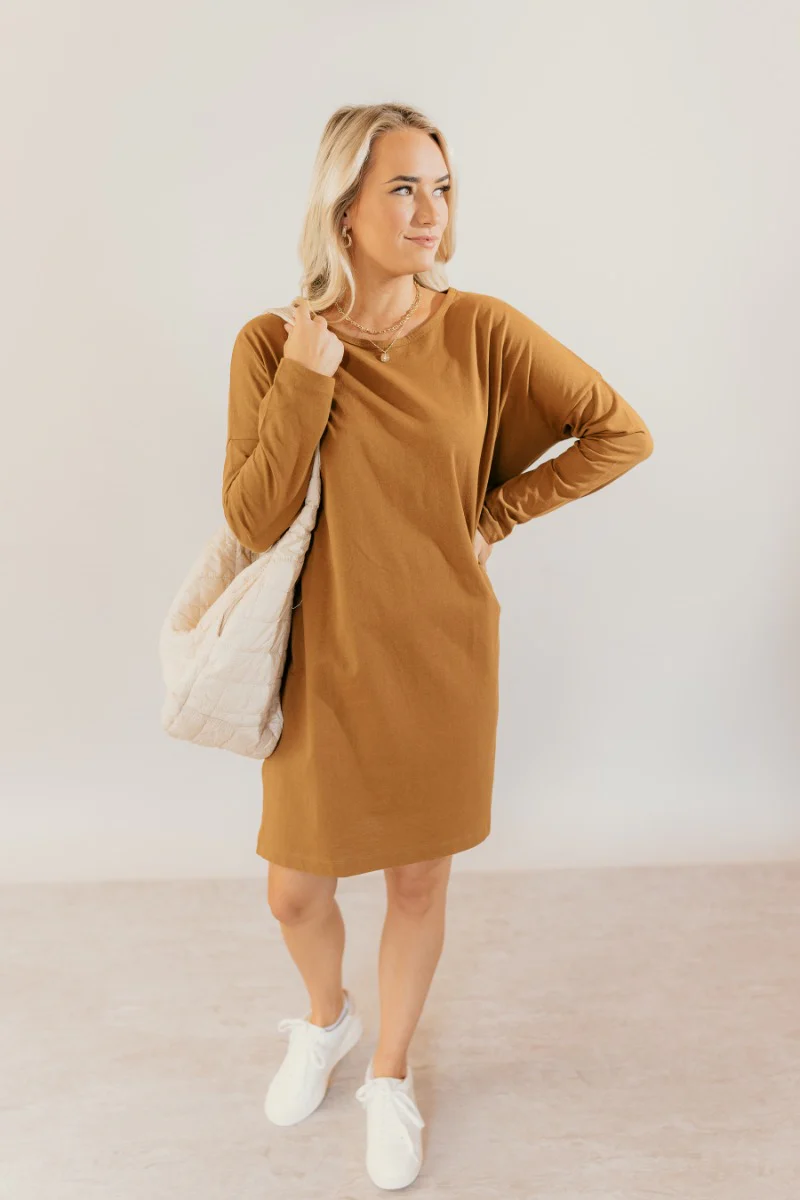 Sara Mustard Long Sleeve T-Shirt Dress
