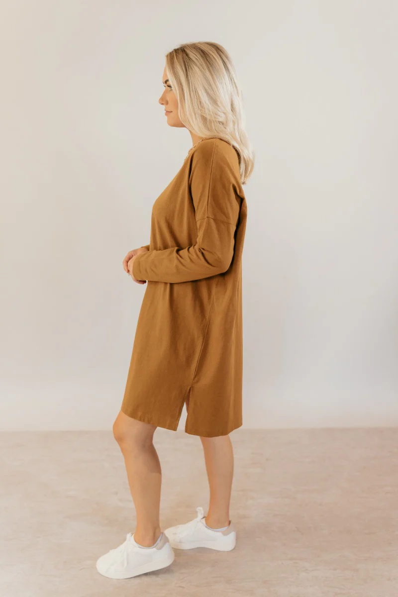 Sara Mustard Long Sleeve T-Shirt Dress - Image 3
