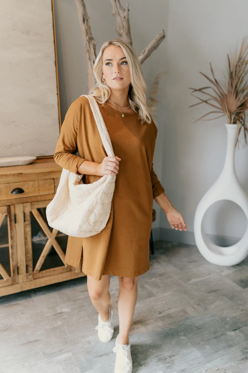 Sara Mustard Long Sleeve T-Shirt Dress - Image 6