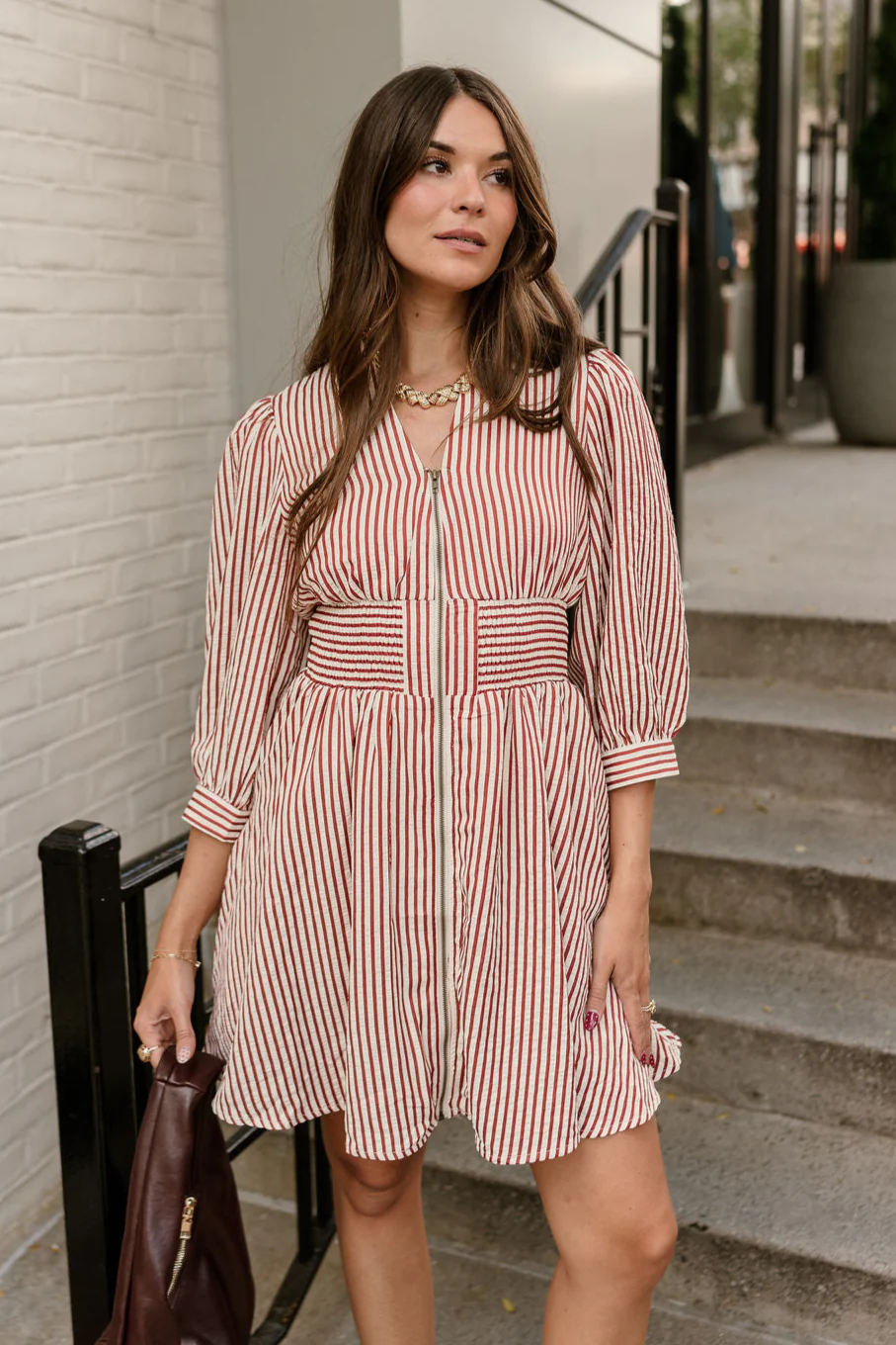 Sarah Rust & Cream Striped Mini Dress - Image 3
