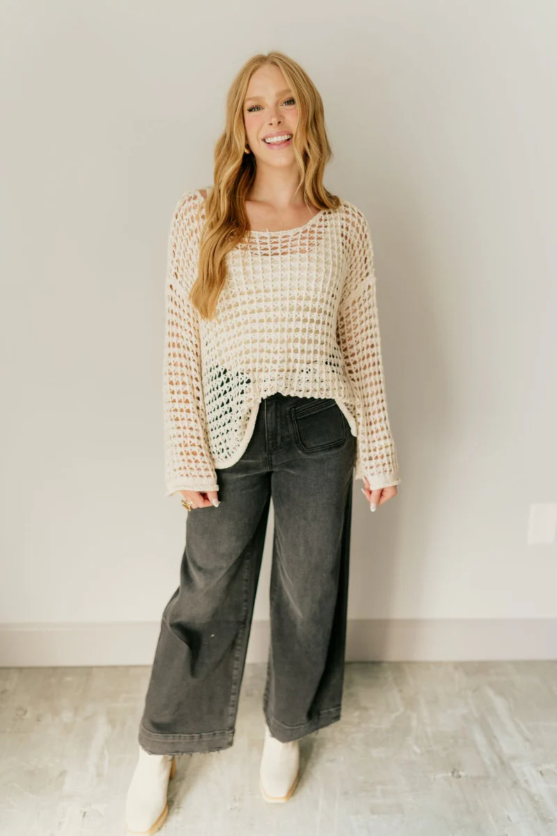 Sahara Beige Crochet Knit Long Sleeve Sweater