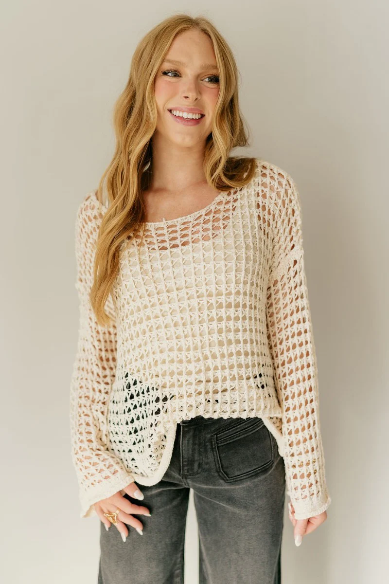 Sahara Beige Crochet Knit Long Sleeve Sweater - Image 2