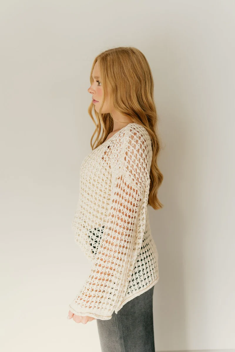 Sahara Beige Crochet Knit Long Sleeve Sweater - Image 3