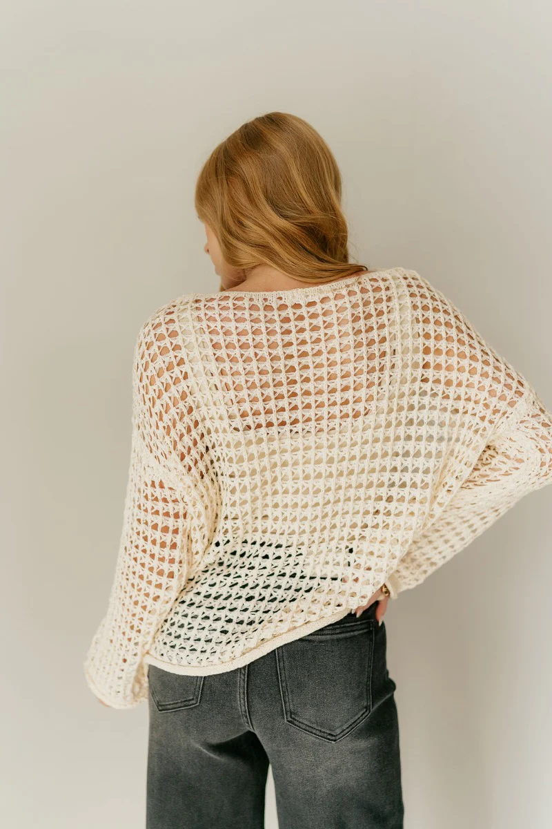 Sahara Beige Crochet Knit Long Sleeve Sweater - Image 4