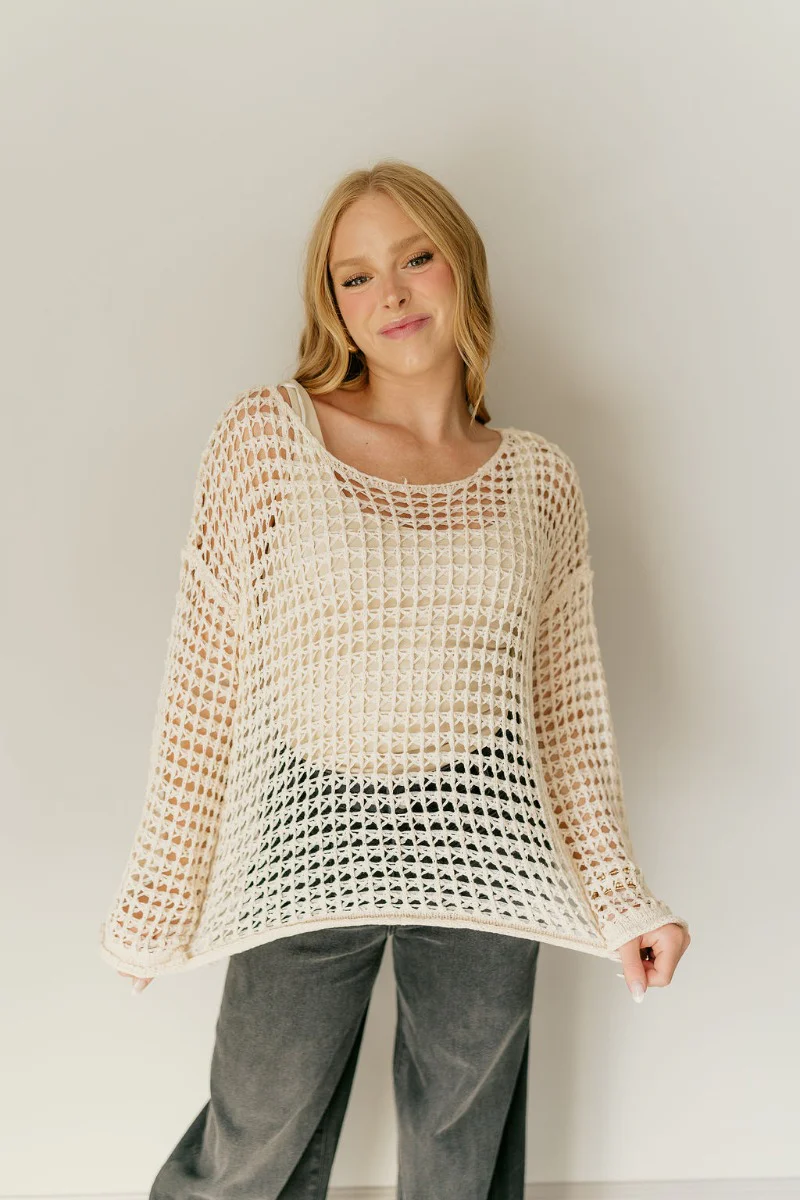 Sahara Beige Crochet Knit Long Sleeve Sweater - Image 5