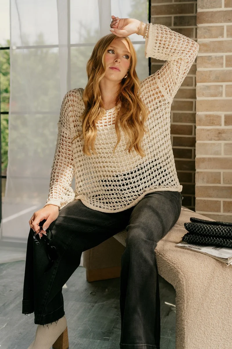 Sahara Beige Crochet Knit Long Sleeve Sweater - Image 6