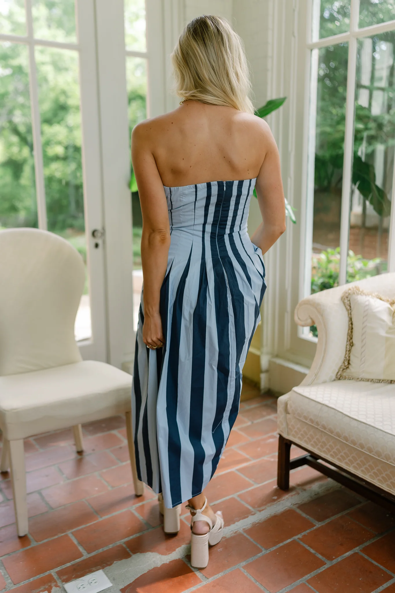 Savannah Blue Stripe Strapless Midi Dress - Image 5